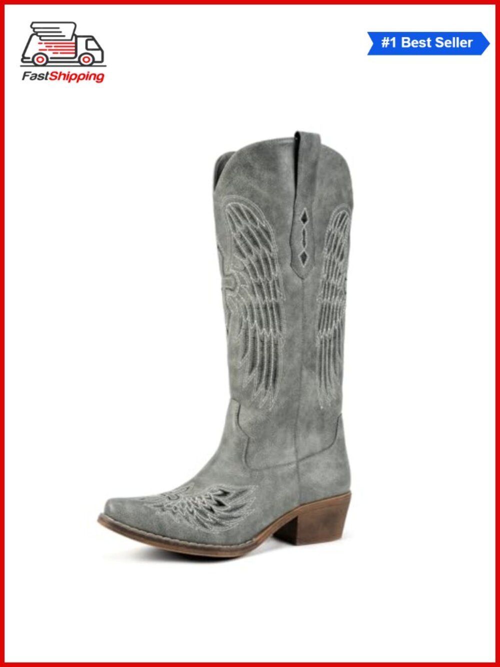 ✨ Faux Leather Western Cowboy Boots Angel Wing Embroidered Mid Calf Chunky Heel